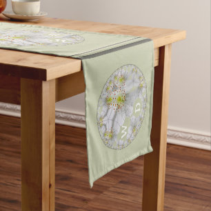 Monogrammed Abstract Daisy Flower Art, Light Green Long Table Runner