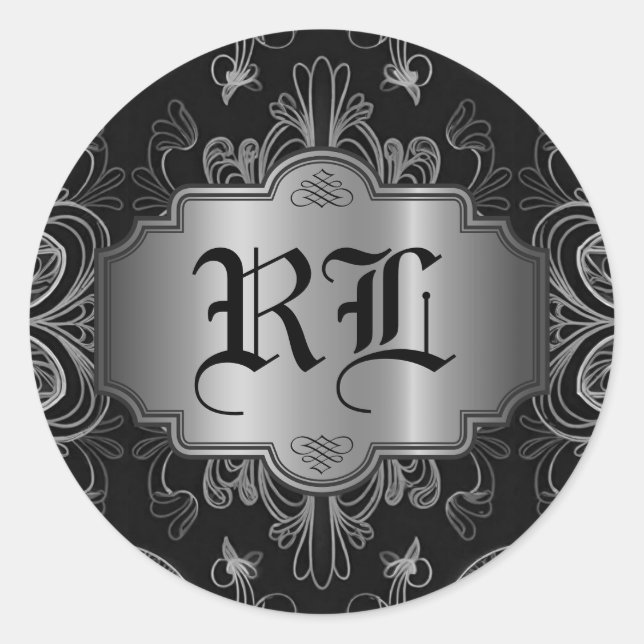 Monogrammed Abstract Floral Black And Silver Classic Round Sticker (Front)
