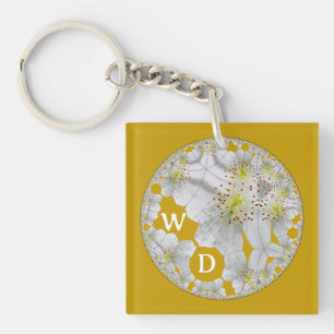Monogrammed Abstract Fun Flower Orange Yellow Key Ring