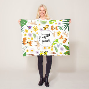 Monogrammed adorable safari pattern raccoons white fleece blanket