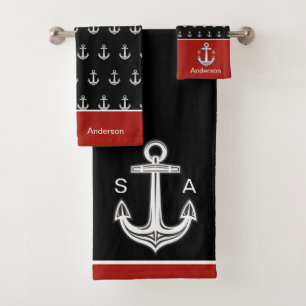 Monogrammed Anchor Nautical Black, White, Red Bath Towel Set