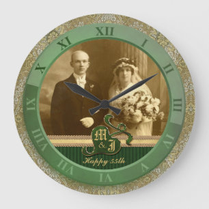 Monogrammed Antique Damask Gold Green Wedding Large Clock