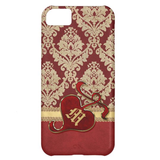 Monogrammed Antique Damask Gold Red Pomegranate iPhone 5C Case