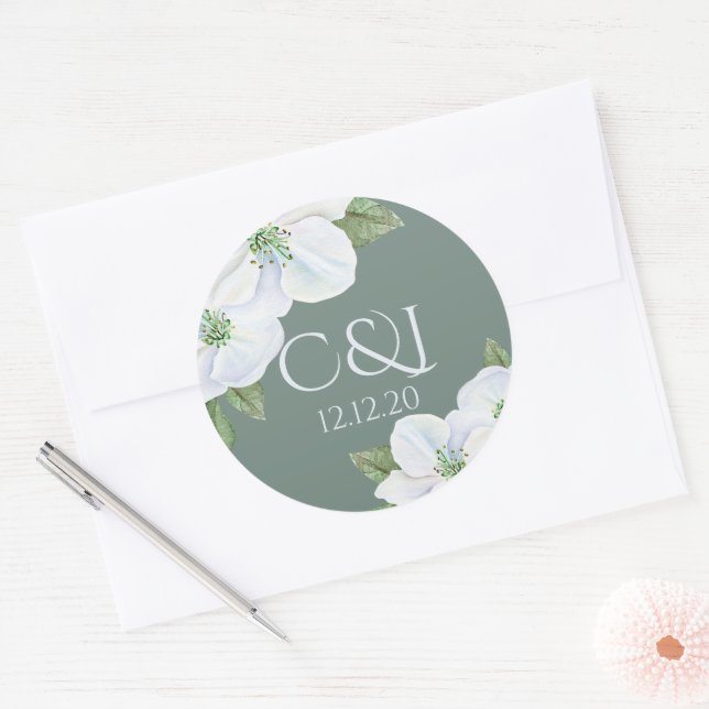 Monogrammed Apple Blossom Wedding Classic Round Sticker (Envelope)
