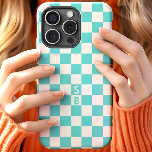 Monogrammed Aqua And White Chequerboard Pattern iPhone 15 Case