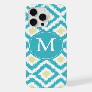 Monogrammed Aqua and Yellow Diamonds Ikat Pattern iPhone 15 Pro Max Case