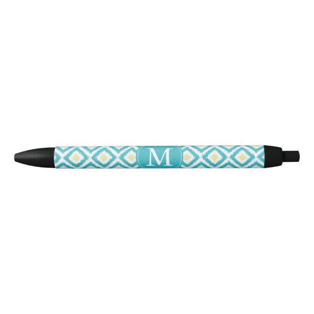 Monogrammed Aqua and Yellow Ikat Pattern Black Ink Pen (Front)