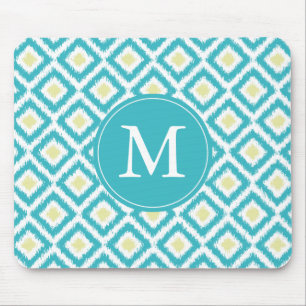 Monogrammed Aqua and Yellow Ikat Pattern Mouse Mat