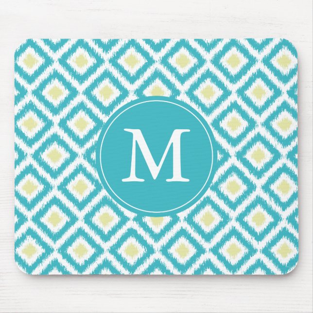 Monogrammed Aqua and Yellow Ikat Pattern Mouse Mat (Front)