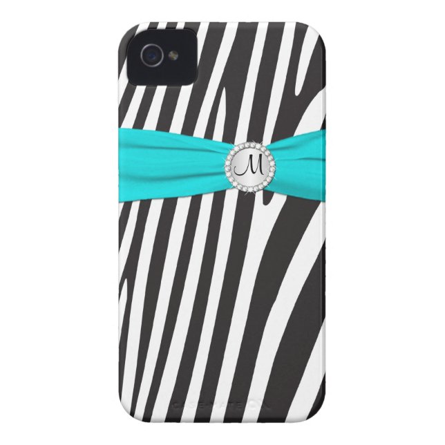 Monogrammed Aqua, Black, White Zebra Striped Case-Mate iPhone Case (Back)