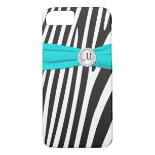 Monogrammed Aqua, Black, White Zebra Striped iPhone 8/7 Case