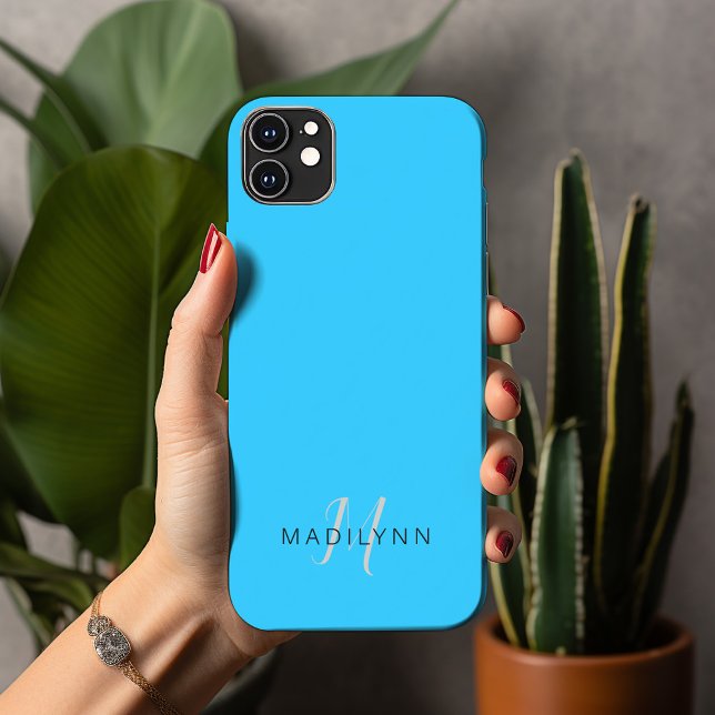 Monogrammed Aqua Blue Minimalist With Name Case-Mate iPhone Case (Creator Uploaded)