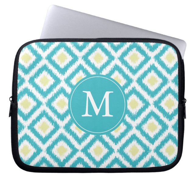 Monogrammed Aqua Lemon Diamond Ikat Pattern Laptop Sleeve (Front)