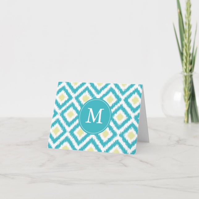 Monogrammed Aqua Lemon Diamonds Ikat Pattern Note Card (Front)