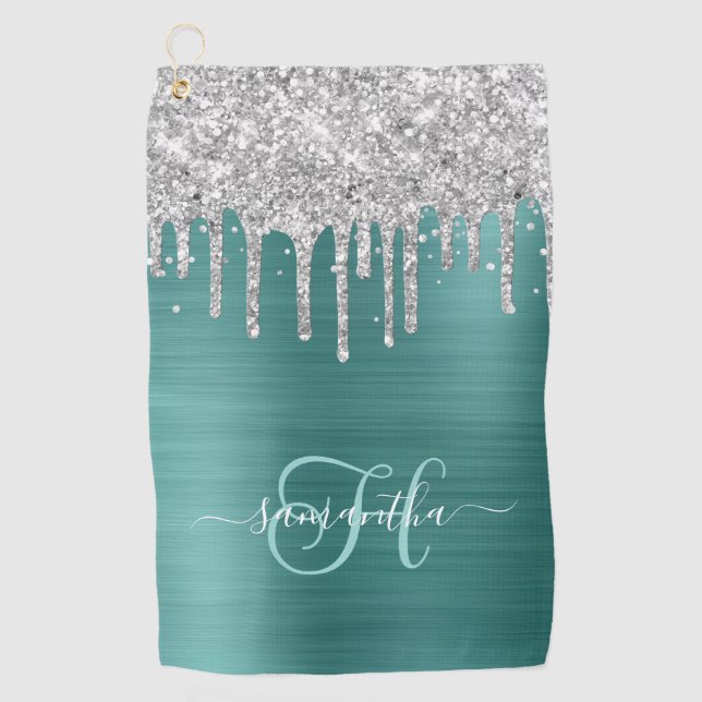 Monogrammed Aqua Teal Silver Dripping Glitter Golf Towel (Front)