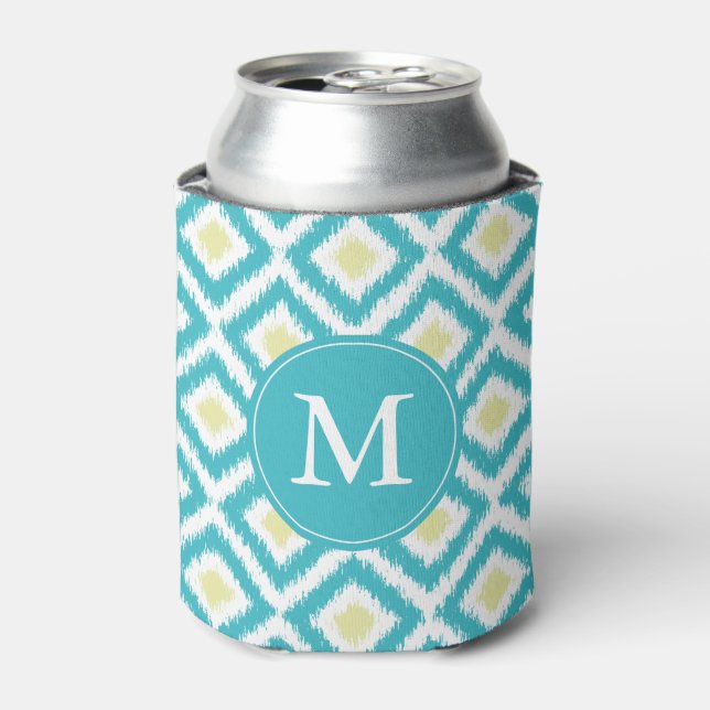 Monogrammed Aqua Yellow Ikat Diamonds Pattern Can Cooler (Can Front)