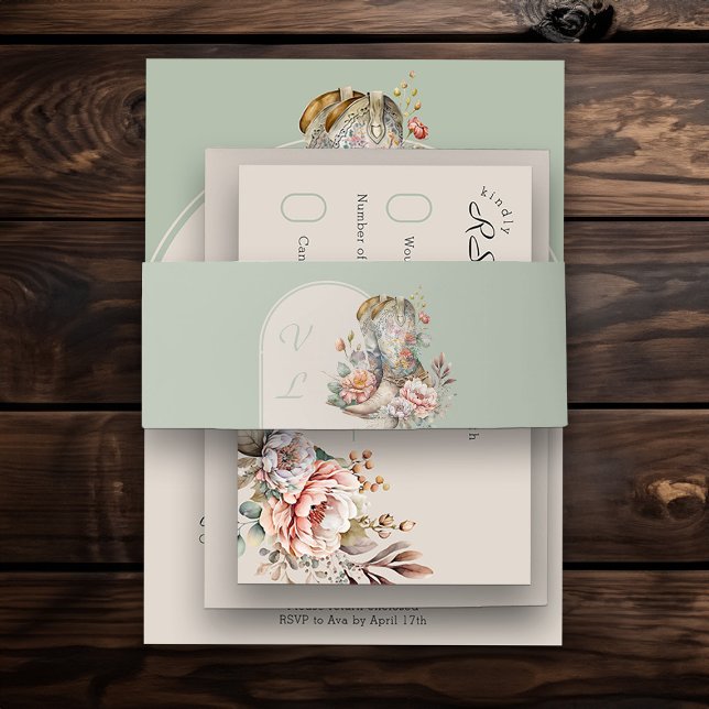 Monogrammed Arch Sage Green Floral Cowgirl Boots Invitation Belly Band (Monogrammed belly bands from my Boho Floral Cowgirl Boots Quinceanera Collection)