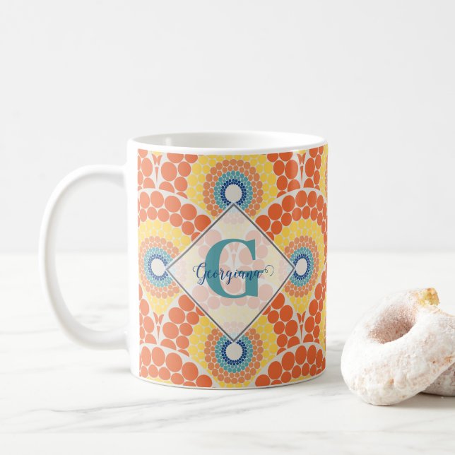 Monogrammed Art Deco Aegean Summer Radiant Mandala Coffee Mug (With Donut)