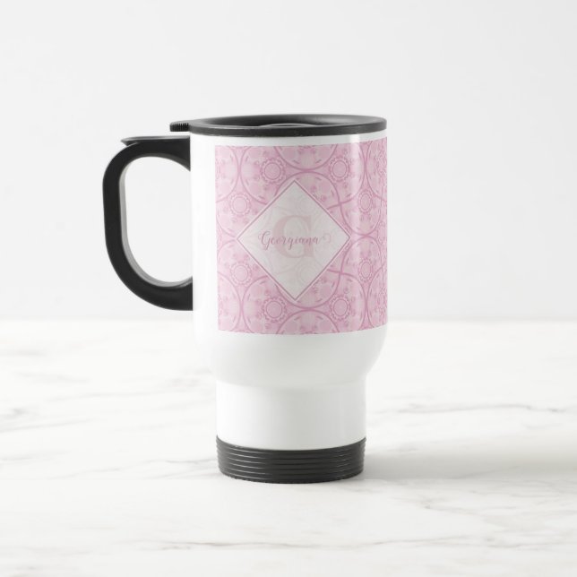 Monogrammed Art Deco Fans Preppy In Pink Mandala Travel Mug (Left)