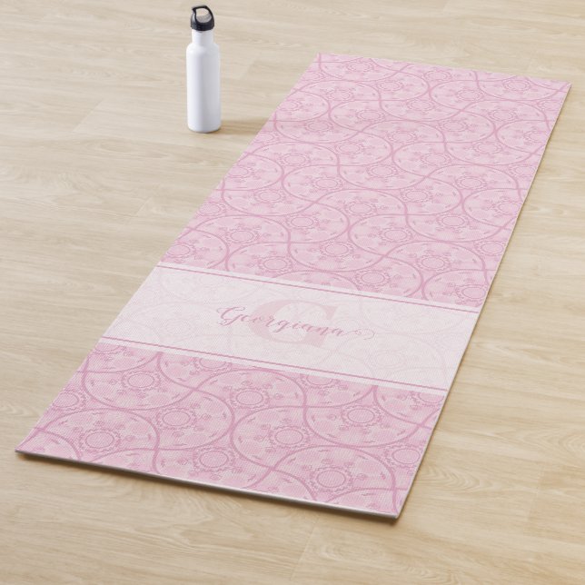 Monogrammed Art Deco Fans Preppy In Pink Mandala Yoga Mat (In Situ)