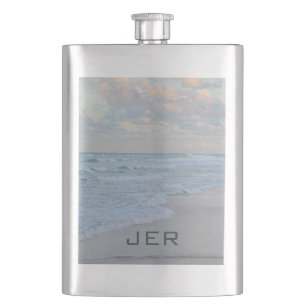 Monogrammed Artistic Blue Green Ocean Shoreline Hip Flask