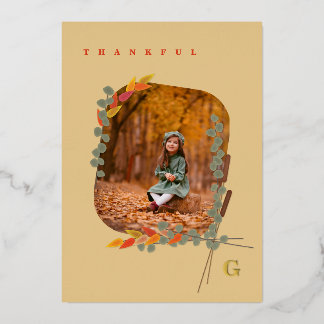 Monogrammed Autumn Botanical Photo Thanksgiving Foil Holiday Card