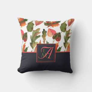Monogrammed Autumn Leaves Blue Orange Fall Decor Cushion