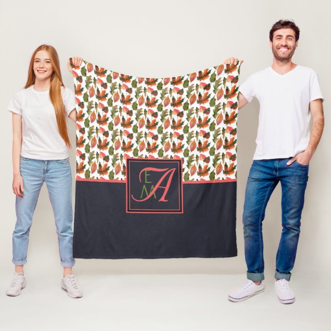 Monogrammed Autumn Leaves Blue Orange Fall Decor Fleece Blanket (In Situ)