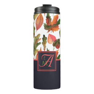 Monogrammed Autumn Leaves Blue Orange Fall Decor Thermal Tumbler