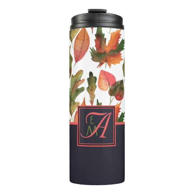 Monogrammed Autumn Leaves Blue Orange Fall Decor Thermal Tumbler (Front)