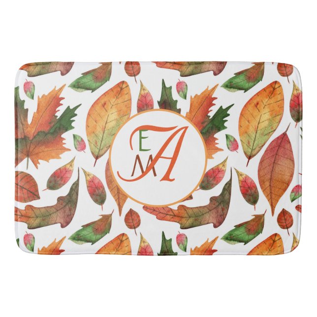 Monogrammed Autumn Leaves Fall Orange Green Decor Bath Mat (Front)