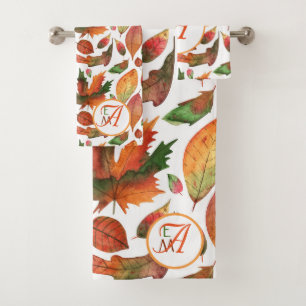 Monogrammed Autumn Leaves Fall Orange Green Decor Bath Towel Set