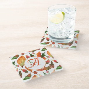 Monogrammed Autumn Leaves Fall Orange Green Decor Glass Coaster