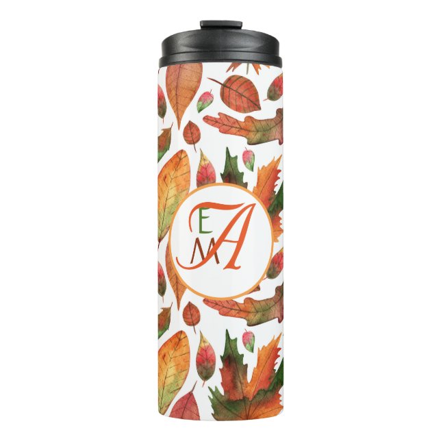 Monogrammed Autumn Leaves Fall Orange Green Decor Thermal Tumbler (Front)