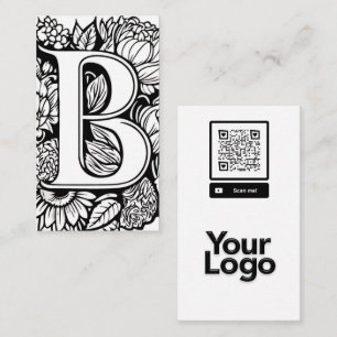 Monogrammed B Black and White Floral QR Code Logo Business Card