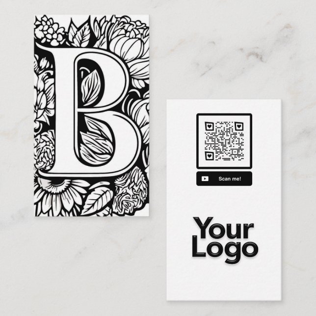 Monogrammed B Black and White Floral QR Code Logo Business Card (Front/Back)