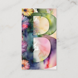 Monogrammed B Daisy Floral Watercolor QR Code Logo Business Card