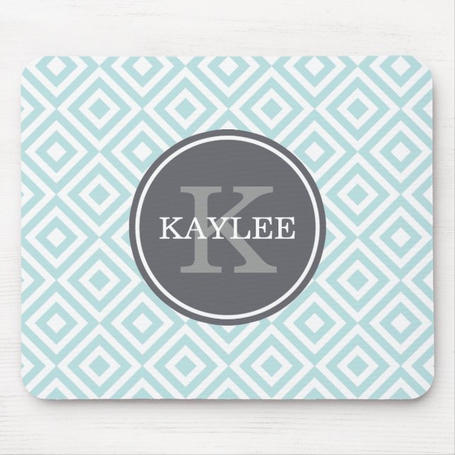 Monogrammed Baby Blue Geometric Diamond Pattern Mouse Mat (Front)