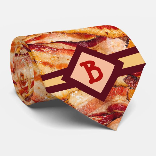 Monogrammed Bacon Pattern Funny Gag Gift Tie (Rolled)
