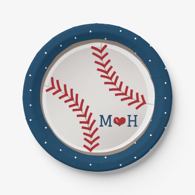 Monogrammed Baseball Heart Wedding Shower Paper Plate (Front)