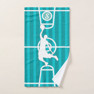 Monogrammed Basketball Player on Green Blue Court Hand Towel