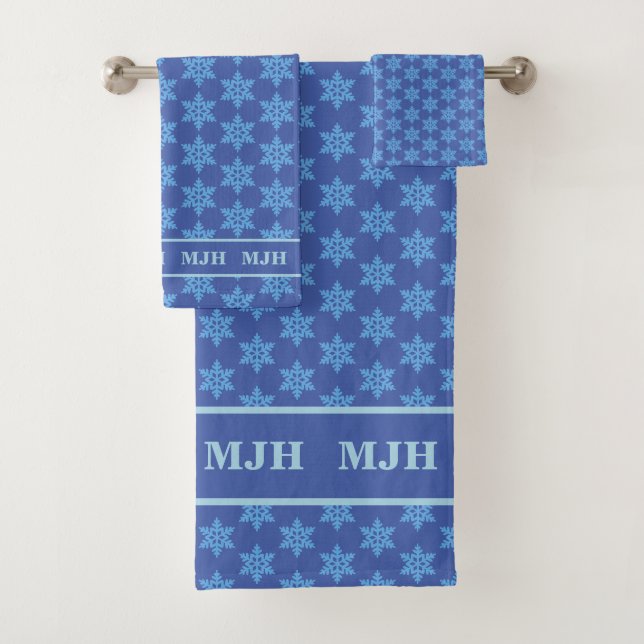 Monogrammed Bath Towel Set - Blue Snowflakes (Insitu)