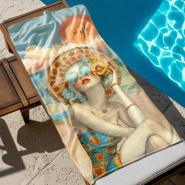 Monogrammed Beach Vibes Summer Glamour Girl Beach Towel (Personalize with your monogram initials.)
