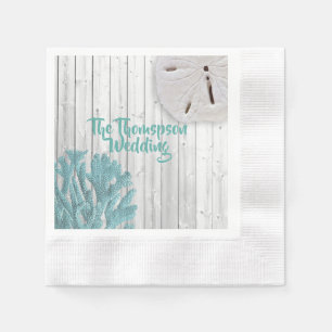 Monogrammed  Beach Wood Teal Coral Paper Napkins