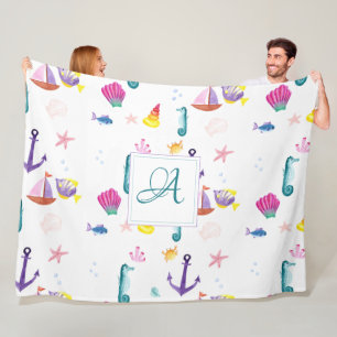 Monogrammed Beachhut Kids Bathroom Ocean Life Sea Fleece Blanket