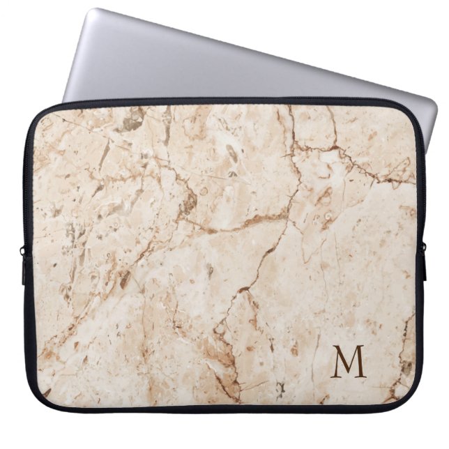 Monogrammed Beige And Brown Marbled Laptop Sleeve (Front)