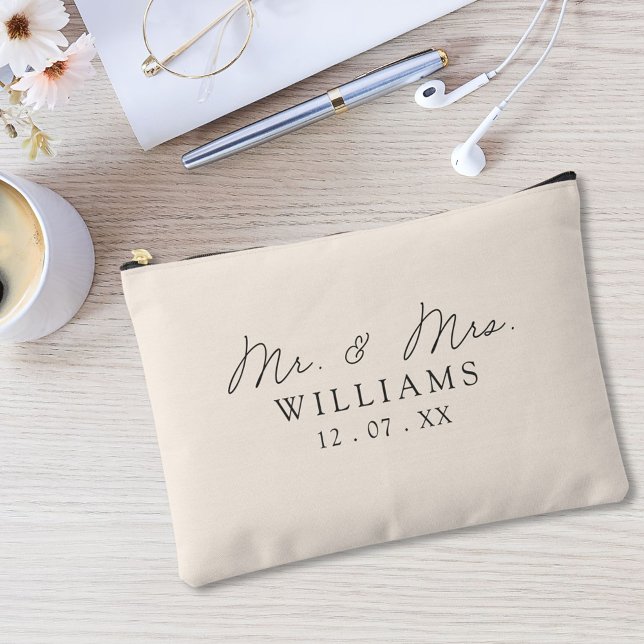 Monogrammed Beige Elegant Script Wedding Favour  Accessory Pouch (In situ, on office desk)