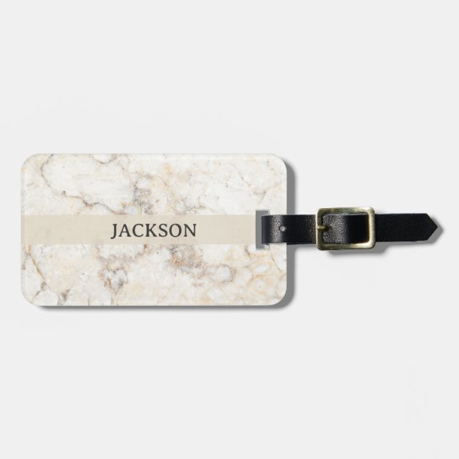 Monogrammed Beige Marble Luggage Tag (Front Horizontal)