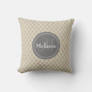 Monogrammed Beige White Moroccan Lattice Pattern Cushion