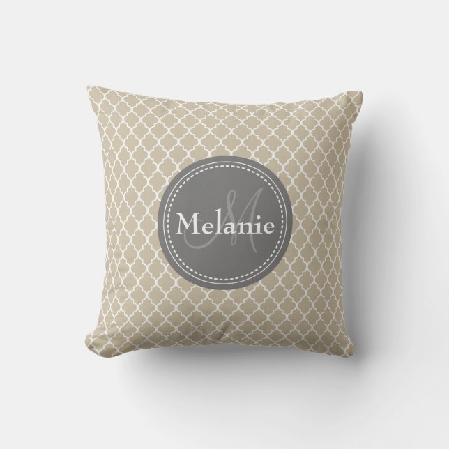 Monogrammed Beige White Moroccan Lattice Pattern Cushion (Front)